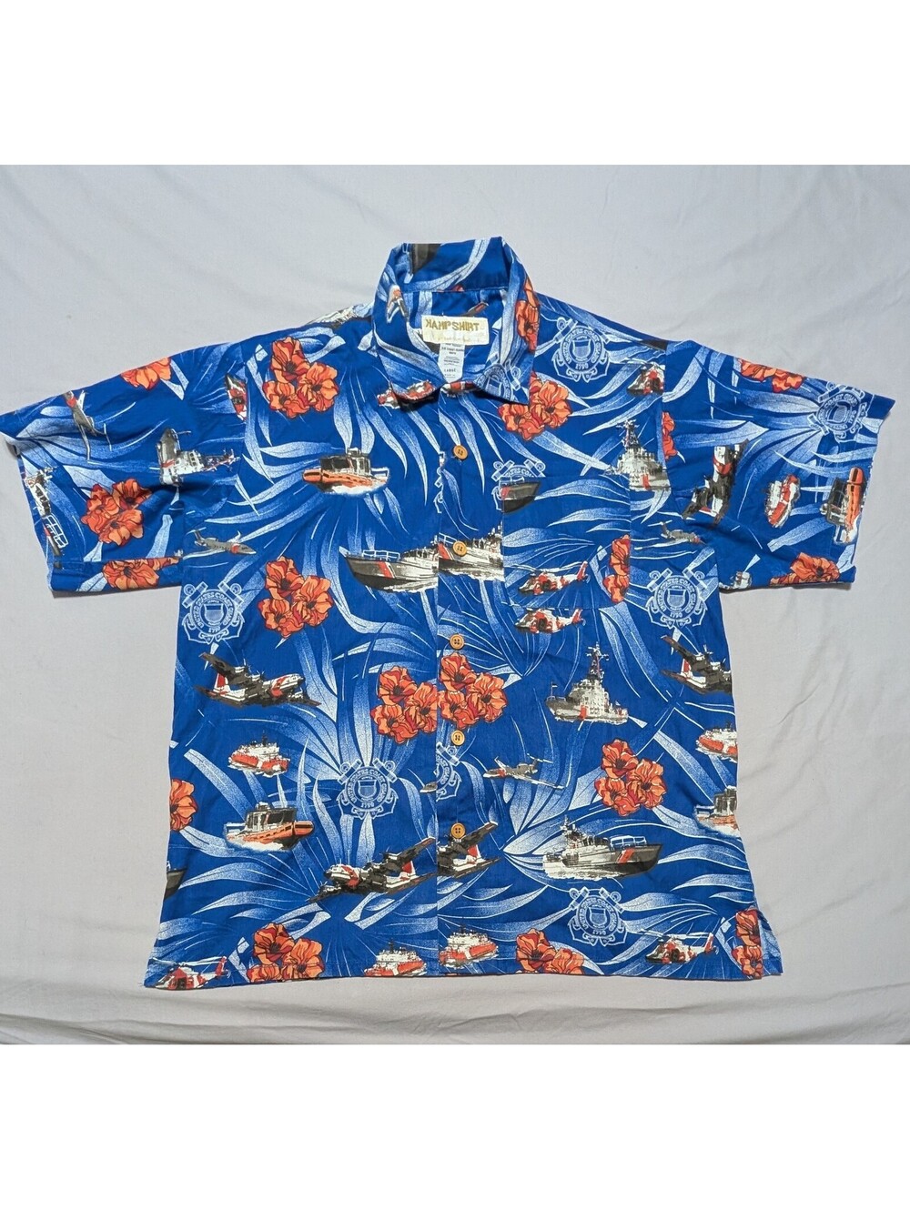 Vintage 90s Kamp Shirt Eagle Crest US Coast Guard Hawaiian Men's Large